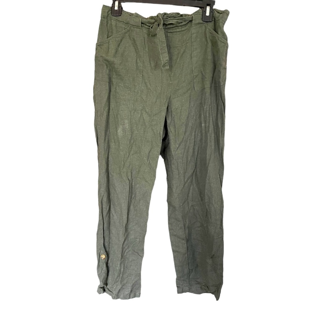 CI Sono Linen Collection Pants‎ Women’s Large Olive Green Elastic Waist Pockets